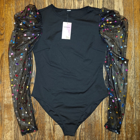 WDIRARA Women's Polka Dots Sheer Long Sleeve Bodysuit - Picture 6 of 12